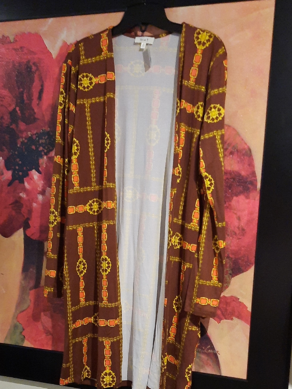 NWT Brown Open Front Long-line Cardigan Cover Up w/ Yellow Chain-Print Accents M